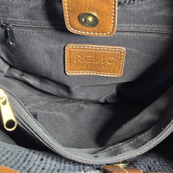 Relic by Fossil Ring Handle Tote Black Woven Bag Brown Trim Tortoise Acrylic - Picture 9 of 12